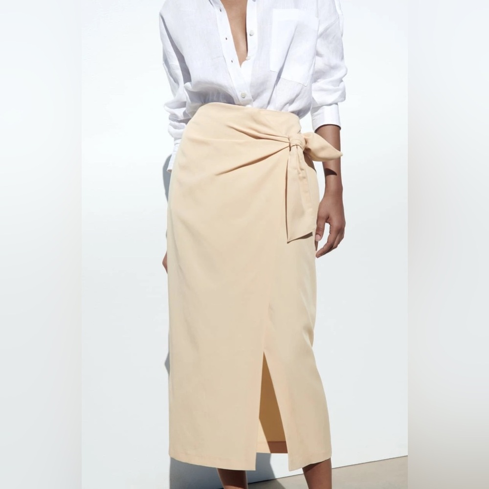 Zara High-Waited Faux Wrap Tie Up Midi Skirt
